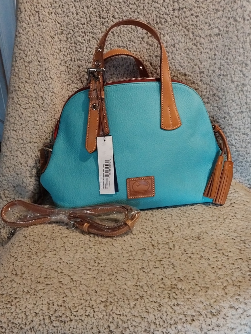 Dooney & Bourke Turquoise Dome Satchel with Tan Leather Trim